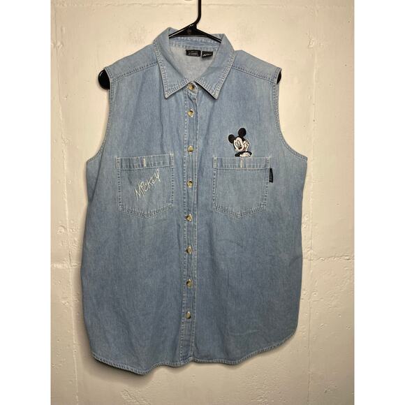 Disney Tops - Vintage Mickey Unlimited Disney Sleeveless Denim Shirt Adult Size XL Embroidered
